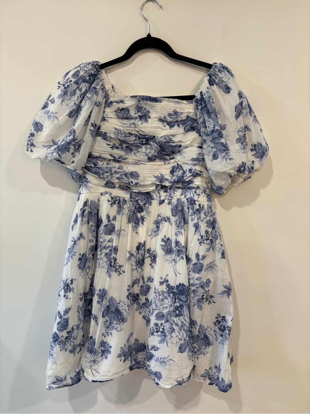 abercrombie kids White Dress with Blue Floral Print and Puff Sleeves
